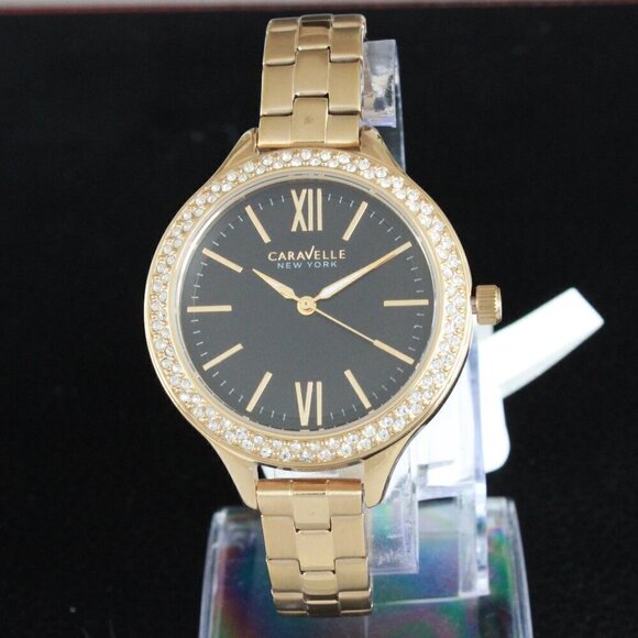 Caravelle New York Ladies Casual Watch Swarovski Crystal Bezel Gold Tone 37mm - Picture 3 of 14